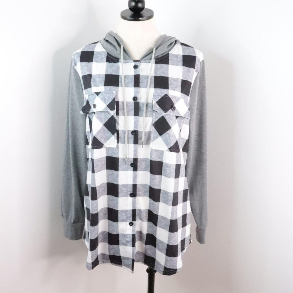 Unbranded Women's L Gingham Plaid Button-Up Lightweight Hooded Hoodie Top